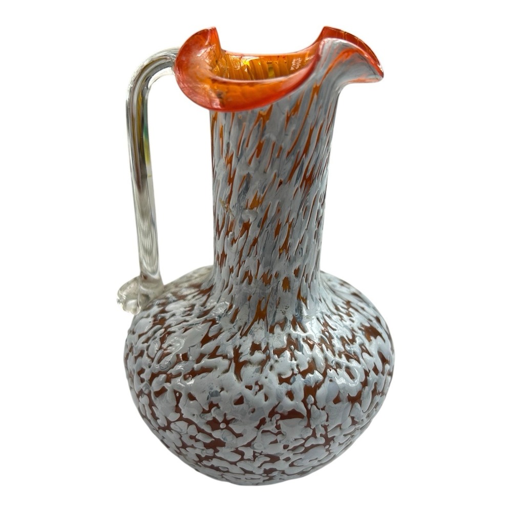 Pilgrim Hand Blown Art Glass Pitcher‎  Vase Orange White Splatter Vintage MCM